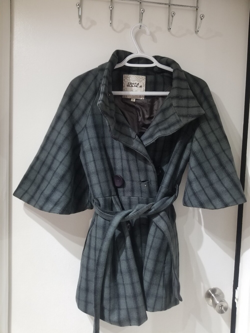 Gray Plaid Belted Wool-Blend Jacket